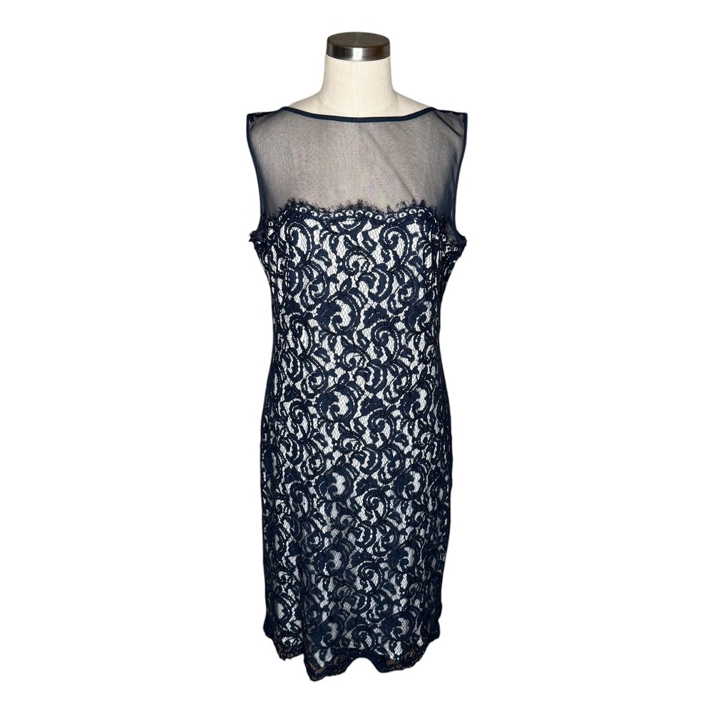 TADASHI SHOJI Illusion Sheath Dress Navy Blue Lace Mesh Yoke Women's Size 16